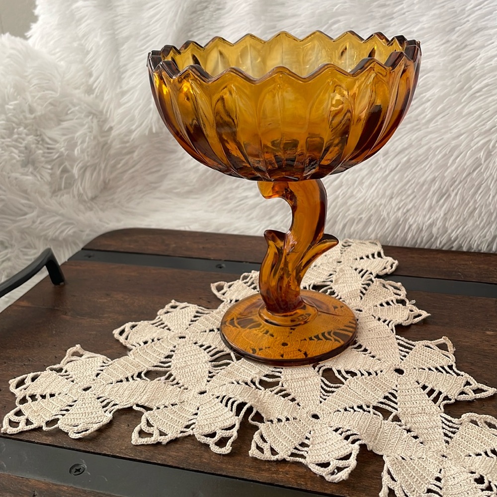 Vintage Amber Indiana Glass Lotus Blossom Pedestal Compote Candy Dish